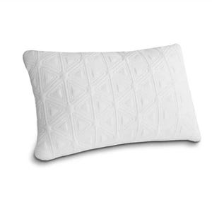 May include: White rectangular pillow with a geometric triangle pattern. The pillow is made of a soft, textured material and is designed for comfort and support. The pillow is a neutral color and can be used in any bedroom.