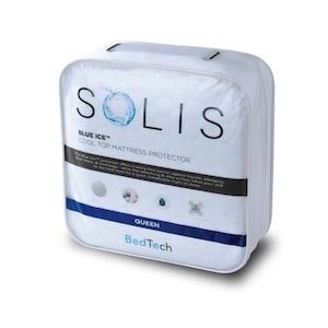 May include: A white, square-shaped mattress protector in a clear plastic case. The product is labeled "SOLIS BLUE ICE COOL TOP MATTRESS PROTECTOR" with the word "QUEEN" and the brand "BedTech" visible. The case has a handle.