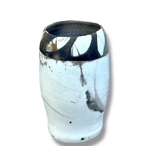 Raku Pottery Vase in Black with White Crackle Glaze