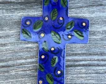 CERAMIC Mini CROSS in Gold Luster Polka Dots and Green Leaves on Cobalt Blue Background/Ready to Hang Wall Art or Tree  Ornament