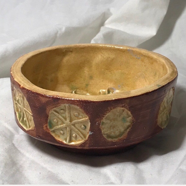 Mustard Gold and Brown Stamped Pottery Bowl with a 1970s Vibe/Snack Bowl or Planter