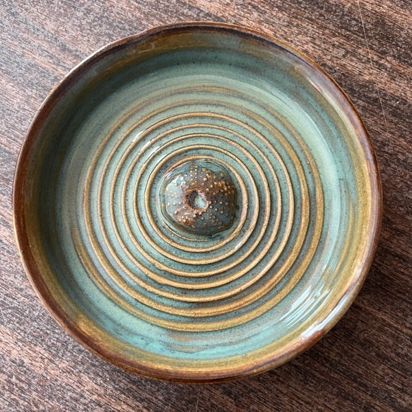 Trinket or Ring Dish with Sea Urchin in Earthy Brown & Soft Green/Stoneware Pottery