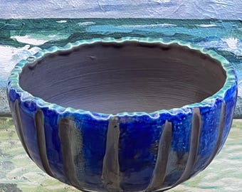 RAKU Pottery Bowl with Stripes in Blue & Black with Green Edges