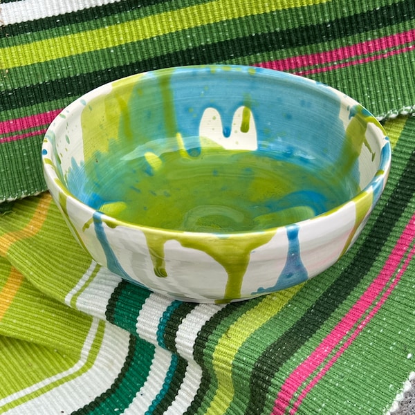 Abstract Pottery Bowl in Lime Green & Aqua on White/Fruit, Snack Mixing Bowl