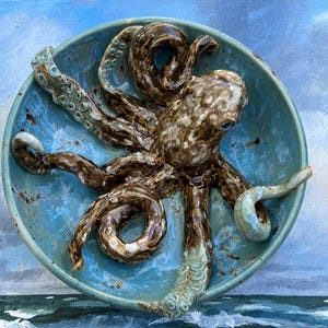 Octopus Sculpted in an Ocean Blue Stoneware Bowl/Decorative Table Sculpture