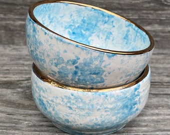Two Turquoise & White Sponge Ware Style Pottery Bowls with Genuine Gold Rims