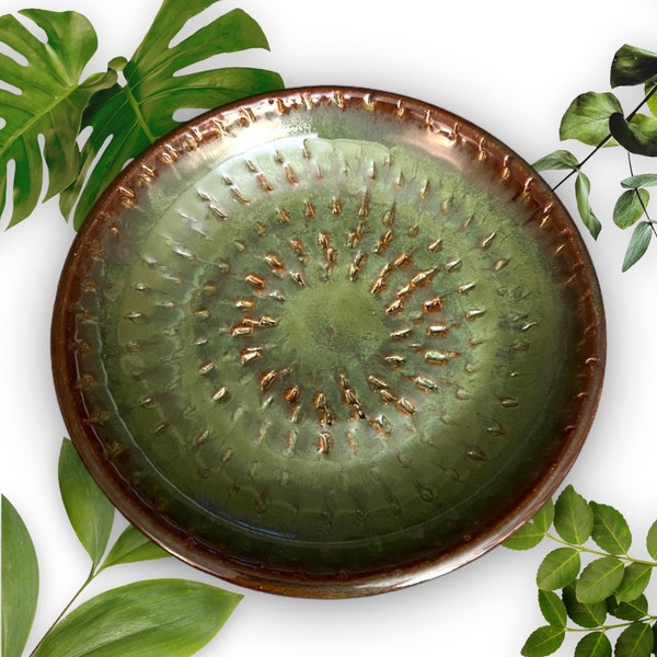 Moss Green and Brown Glazed Pottery Bowl with Texture