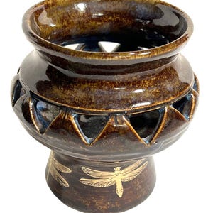 SALE SECONDS Brown Stoneware Pottery Candle or Tea Light Holder with 18k Gold Dragonflies