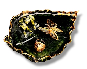 Frog on a Leaf Jewelry or Trinket Dish in Deep Green with Genuine 18k Gold