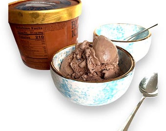 Juego de 2 cuencos turquesa y blanco con detalles en oro genuino de 18 quilates/tazones para helado, fruta, aperitivos o decoración
