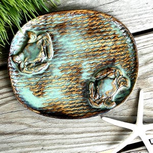 Sea Foam Green & Brown Pottery Trinket, Serving or Decorative Plate with Carved Crabs