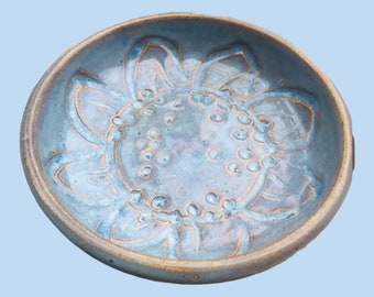 Shallow Blue Sunflower Stoneware Pottery Bowl