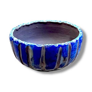 RAKU Pottery Bowl with Stripes in Blue & Black with Green Edges
