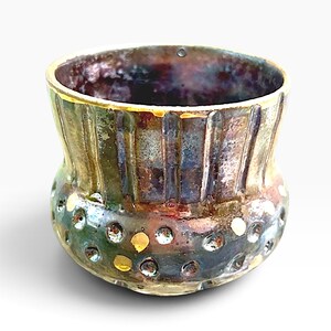 Brown Pottery Vase with Carving and Genuine 22k Gold Rim & Dots