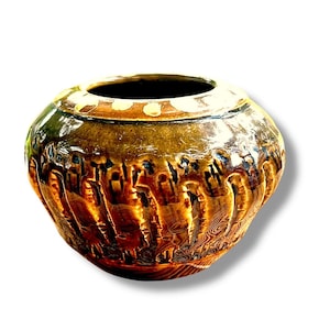Strukturierte Carmel Brown Keramik Vase mit 18K Gold Akzenten (3 "Tx4" W)