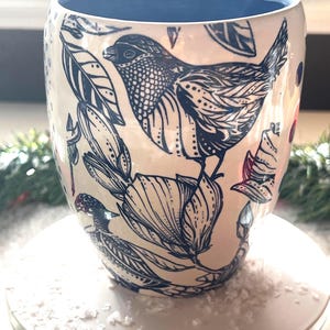 Bird with Flowers, PolkDot and Stripes in Blue & White/Pottery Vase or Kitchen Crock