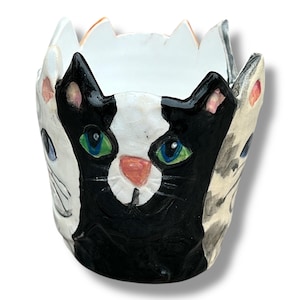 Puede incluir: Jardinera de cerámica con temática de gatos con interior blanco. El exterior presenta tres caras de gato en negro, blanco y gris, con ojos verdes y azules y narices y orejas rosas. Un artículo decorativo único.