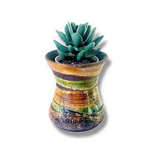 Raku Pottery Pen/Pencil Holder in  Green & Orange Stripes