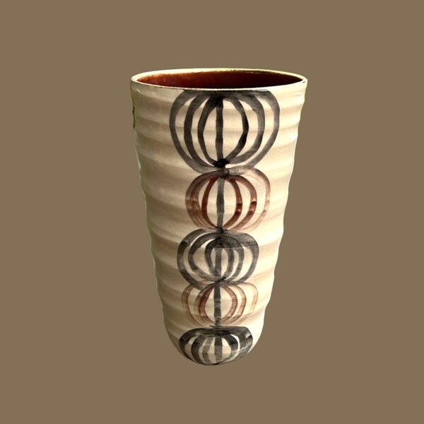Ivory Black and Brown Tall Vase with Mid Century Geometric Design/Litchen Crock/Paint Brush Holder