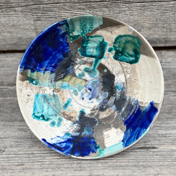 Raku Pottery Bowl with Abstract Designs of Greens & Blues
