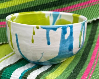Lime Green & Aqua on White Pottery Bowl