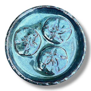 Moss Green Ceramic Plate with Sculpted Sand Dollars/Decorative or Serving Dish