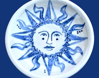 Pottery Bowl with Sun Dial Face in Blue & White