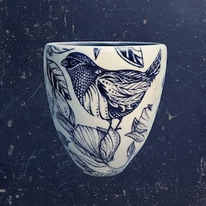 Blue & White Pottery Tumbler, Vase or Kitchen Utensil Holder with a Bird, Stripes, and PolkaDots