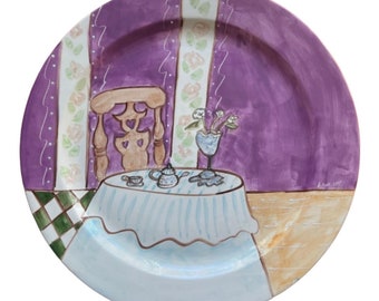 Tea Time Theme Giant Ceramic Platter In Purple and Yellow