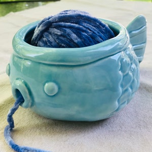 SOLD OUT/Aqua Fish Pottery Yarn Bowl for Knitters or Crochet/Ceramic Yarn Bowl/Custom Orders now 3-4 Week Turnaround