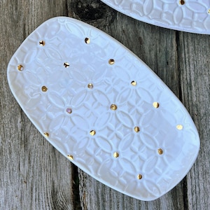 Snow White Rectangular Serving, Trinket, Jewelry Dish with 18k Gold dots and Geometric Texture