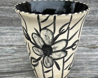 Black and White Daisy & Stripe Pottery Vase or Kitchen Utensils Crock