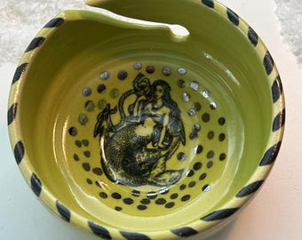 Mermaid Knitting or Crochet Bowl in Lime Green & Black/Ceramic