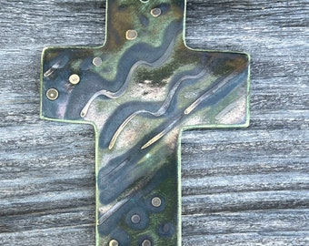 CERAMIC Mini CROSS in Gold Luster and Green Wavy Pattern/Ready to Hang Wall Art orcTree Ornament