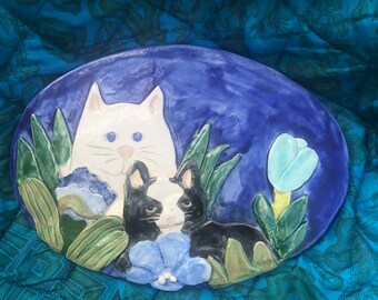 Two Cats Sitting in a Garden Surrounded by Plants & Flowers with Blue Sky /Oval Ceramic Wall or Table Easel Art