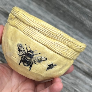 Honingbijen op kleine gele handgemaakte aardewerken schaal/vetplant of cactusplanter/zoutkelder