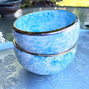 Turquoise & White Pottery Bowls edged in 18k Gold/Set of Two