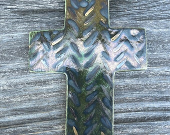 CERAMIC Mini CROSS in Gold Luster and Green Herringbone Pattern/Ready to Hang Wall Art or Tree  Ornament