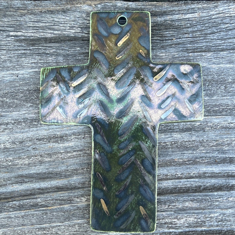 CERAMIC Mini CROSS in Gold Luster and Green Herringbone Pattern/Ready to Hang Wall Art or Tree Ornament image 1