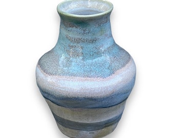 Small Stoneware Pottery Bud Vase in Mint Green, Beige, and Blue