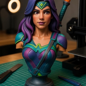 Cyberpunk Warrior 3D Bust STL File – Printable Female Hero Statue for 3D Printing