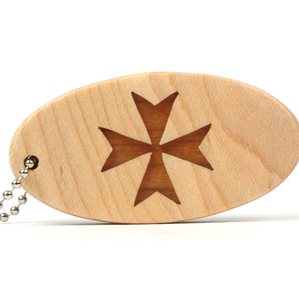 Maltese Cross Key Chain, Amalfi Cross Key Fob, Knights of Malta Key Ring, Wood Scroll Saw Key chain, Cherry