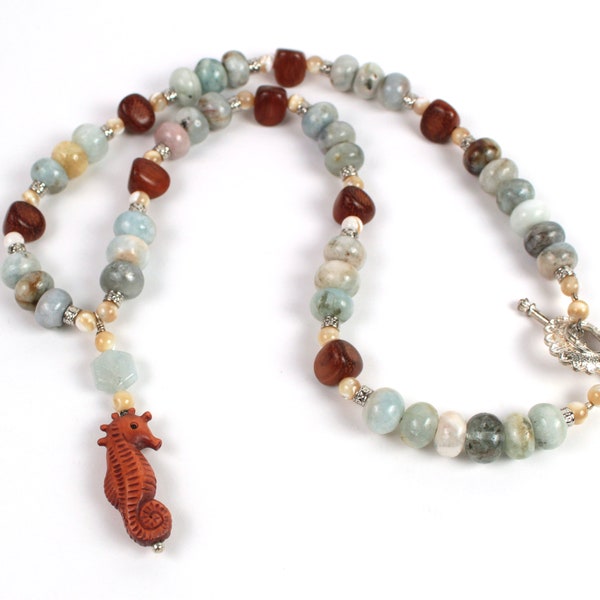 Seahorse Necklace, Ojime Boxwood Pendant, Aquamarine, Wood, and Mother of Pearl, Ocean Themed Jewelry