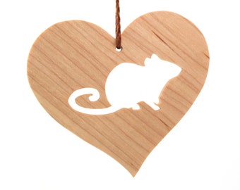 Wood Mouse Ornament,  Wooden Heart Shaped Rat Ornament, Pet Ornament, Christmas Decoration, Year of the Rat Maple