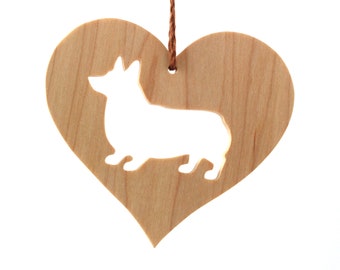 Wooden Pembroke or Cardigan Welsh Corgi Ornament, Dog Silhouette, Wood Heart Christmas Decoration, Pet Memorial, Dog Breed, Maple