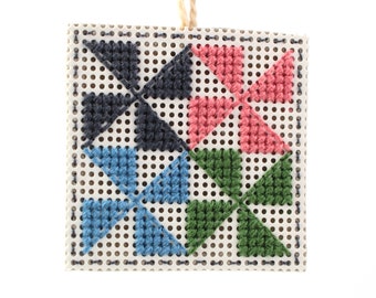 Cross stitch quilt block ornament, Pinwheel Quilt Ornament, Homespun Country Christmas