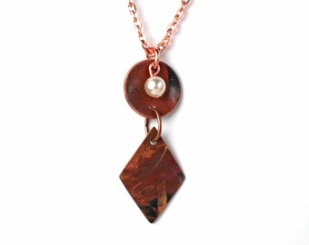 Simple Flame Colored Hand Dapped Copper Necklace with Swarovski Crystal Pearl Accent, Metalsmithing