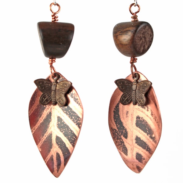 Rustic Butterfly Mixed Metal Flame Colored Copper Earrings with Vintaj Brass Insect Charm Accent, Metalsmithing