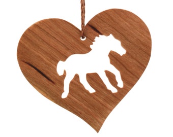 Wooden Horse Christmas Ornament, Heart Silhouette Wood Pet Ornament, Horse Christmas Decoration, Hand Cut Cherry