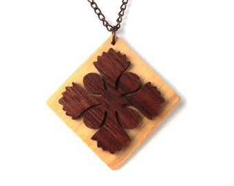 Wood Hawaiian Breadfruit Quilt Motif Pendant Necklace, Quilting Themed Jewelry, Hand Cut Bubinga